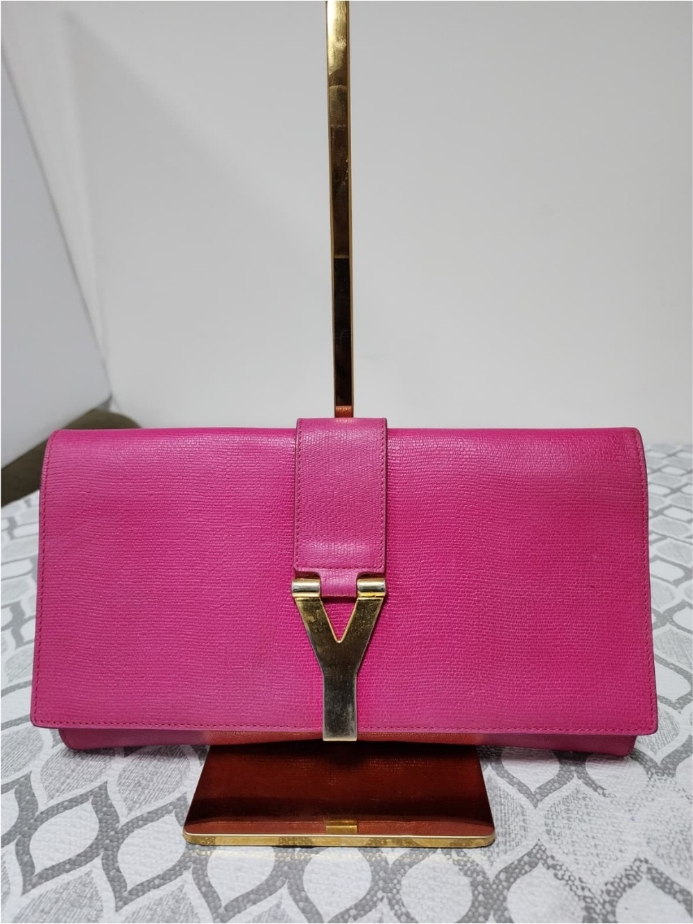 YVES SAINT LAURENT Calfskin Leather Ligne Y Clutch Bag Pink